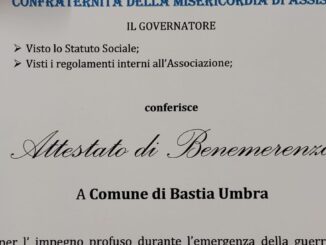 Attestato di Benemerenza rilasciato al Comune di Bastia Umbra