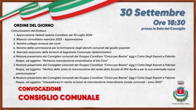 Consiglio Comunale di Bastia Umbra il 30 settembre 2024